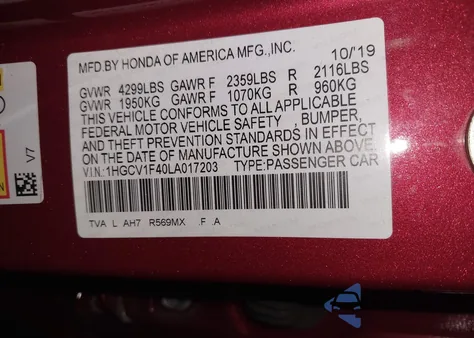2020 Honda Accord Ex from USA, damaged, VIN 1HGCV1F40LA017203